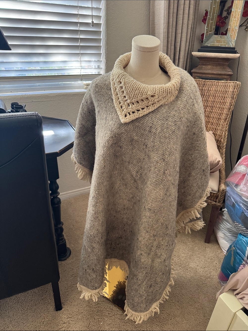 Cozy Cream-Trim Taupe Knit Poncho Sweater